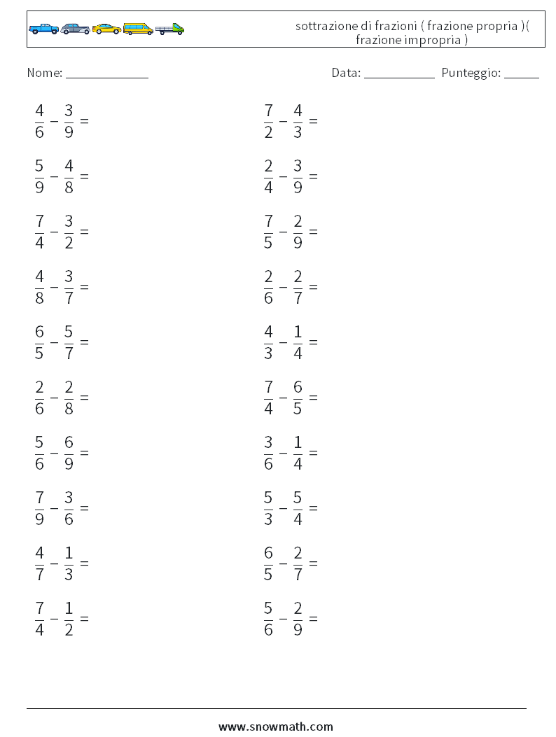 (20) sottrazione di frazioni ( frazione propria )( frazione impropria ) Fogli di lavoro di matematica 3