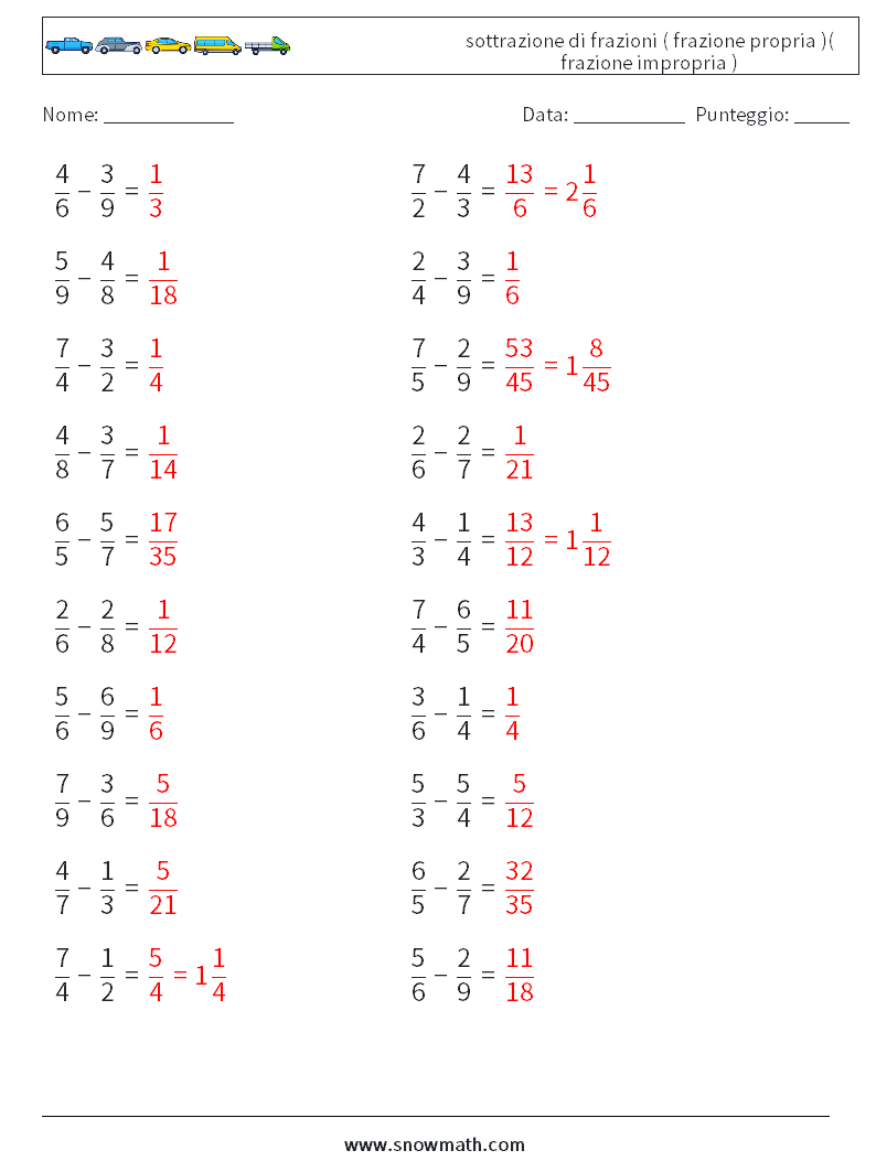 (20) sottrazione di frazioni ( frazione propria )( frazione impropria ) Fogli di lavoro di matematica 3 Domanda, Risposta