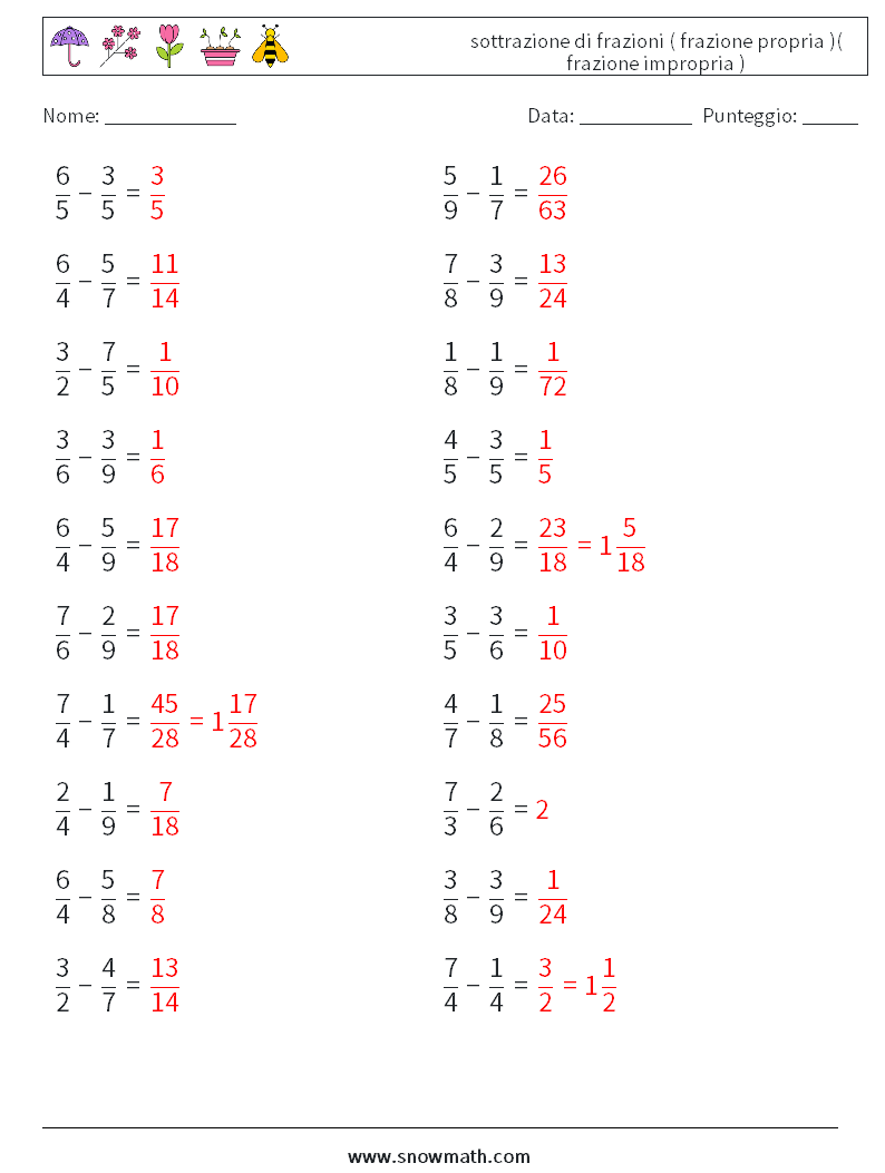 (20) sottrazione di frazioni ( frazione propria )( frazione impropria ) Fogli di lavoro di matematica 4 Domanda, Risposta
