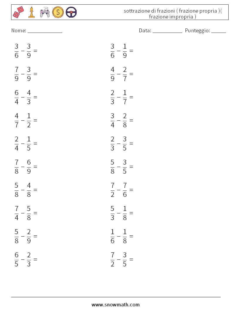 (20) sottrazione di frazioni ( frazione propria )( frazione impropria ) Fogli di lavoro di matematica 5