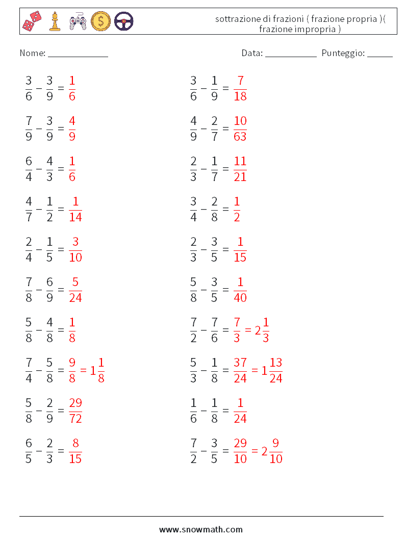 (20) sottrazione di frazioni ( frazione propria )( frazione impropria ) Fogli di lavoro di matematica 5 Domanda, Risposta