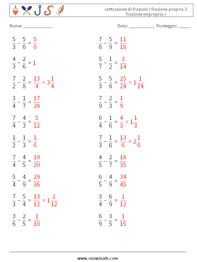 (20) sottrazione di frazioni ( frazione propria )( frazione impropria ) Fogli di lavoro di matematica 6 Domanda, Risposta
