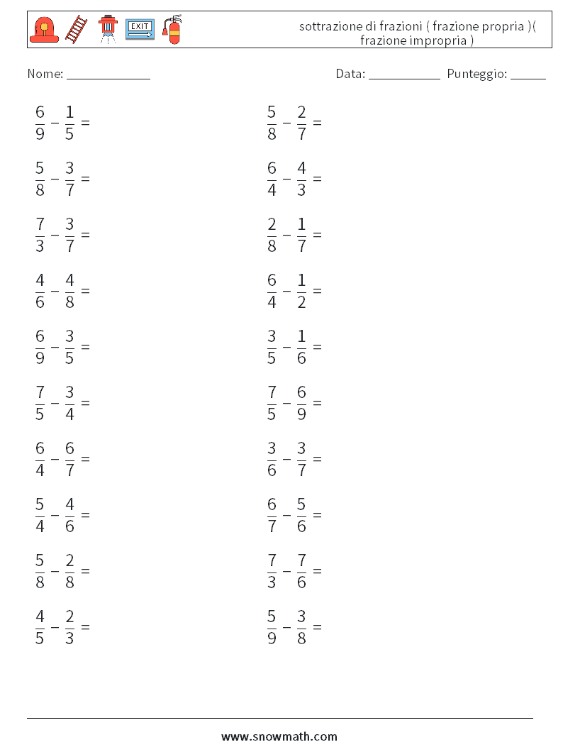 (20) sottrazione di frazioni ( frazione propria )( frazione impropria ) Fogli di lavoro di matematica 7