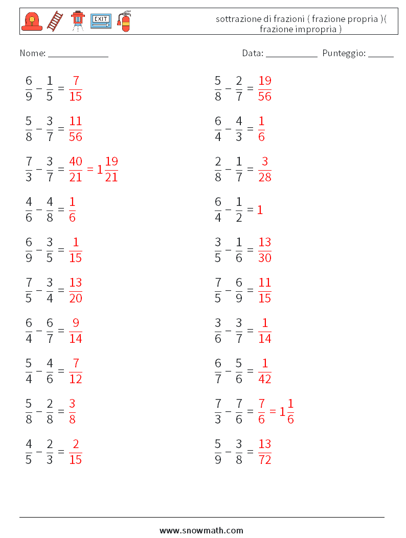 (20) sottrazione di frazioni ( frazione propria )( frazione impropria ) Fogli di lavoro di matematica 7 Domanda, Risposta