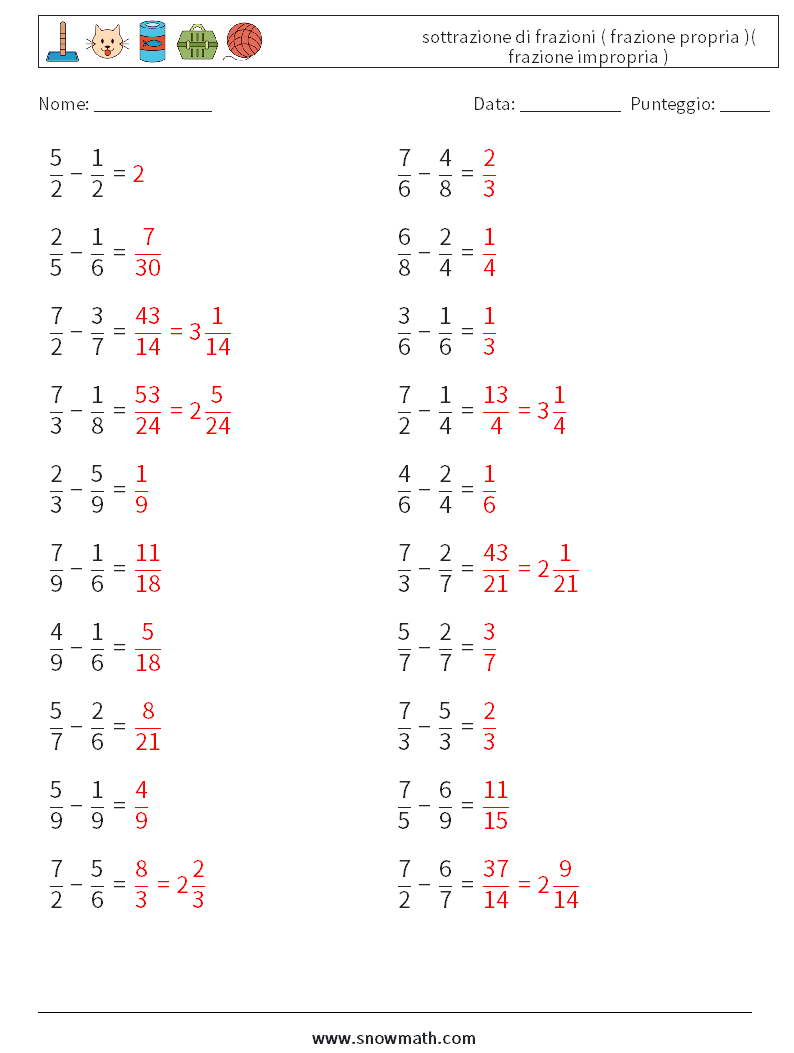 (20) sottrazione di frazioni ( frazione propria )( frazione impropria ) Fogli di lavoro di matematica 8 Domanda, Risposta