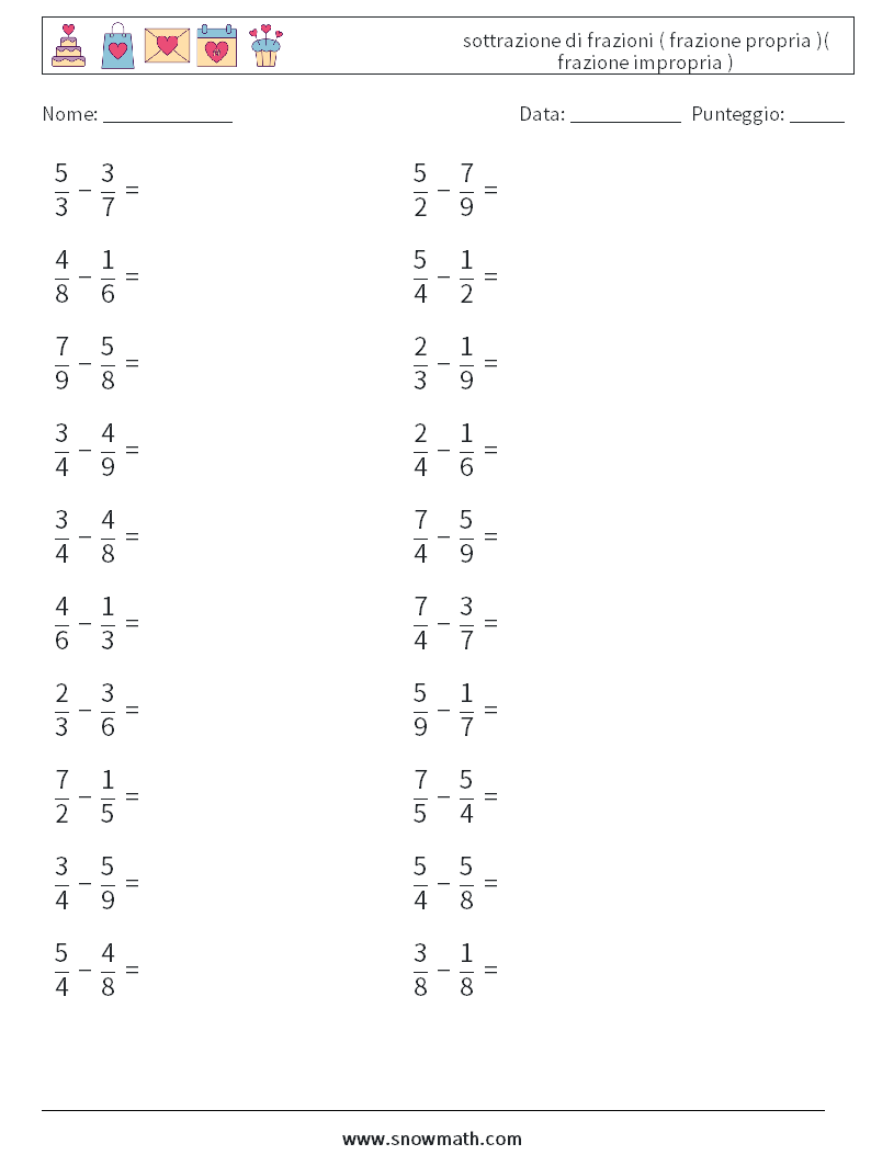 (20) sottrazione di frazioni ( frazione propria )( frazione impropria ) Fogli di lavoro di matematica 9