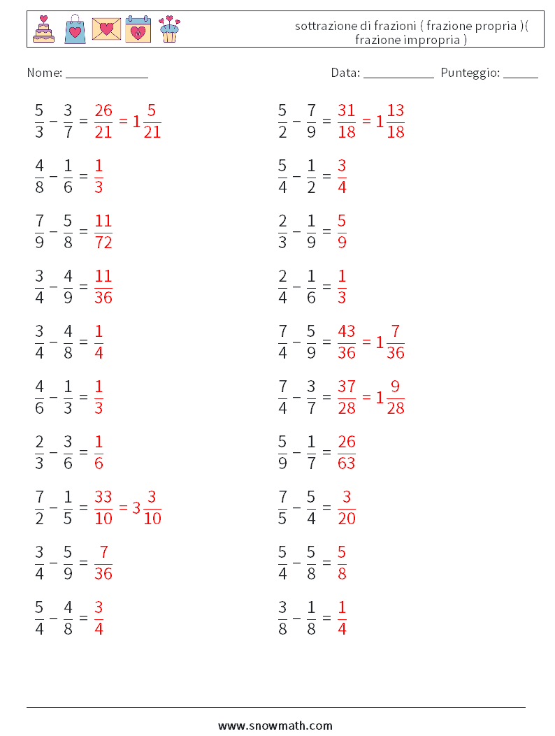 (20) sottrazione di frazioni ( frazione propria )( frazione impropria ) Fogli di lavoro di matematica 9 Domanda, Risposta