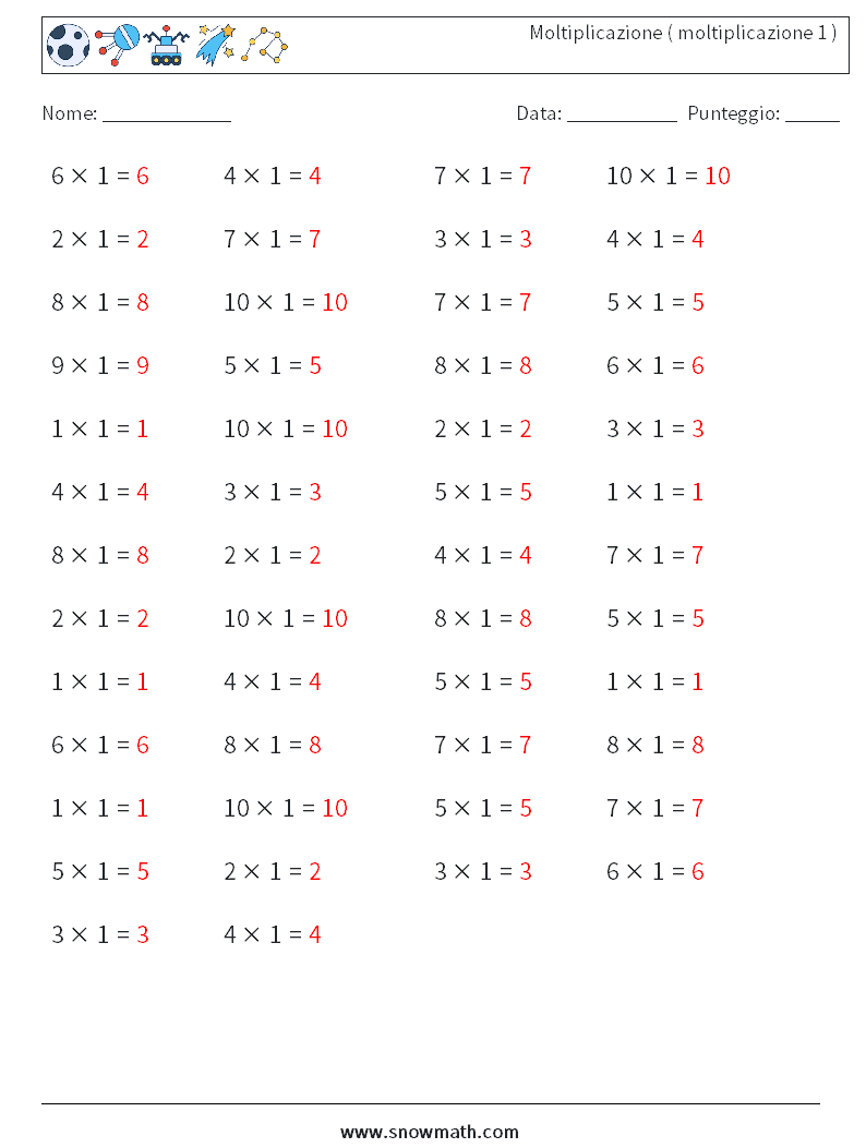 (50) Moltiplicazione ( moltiplicazione 1 ) Fogli di lavoro di matematica 1 Domanda, Risposta