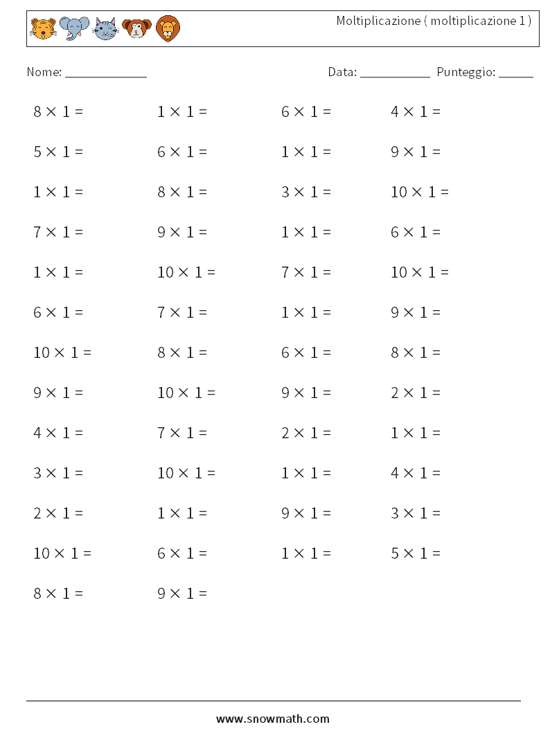 (50) Moltiplicazione ( moltiplicazione 1 ) Fogli di lavoro di matematica 6