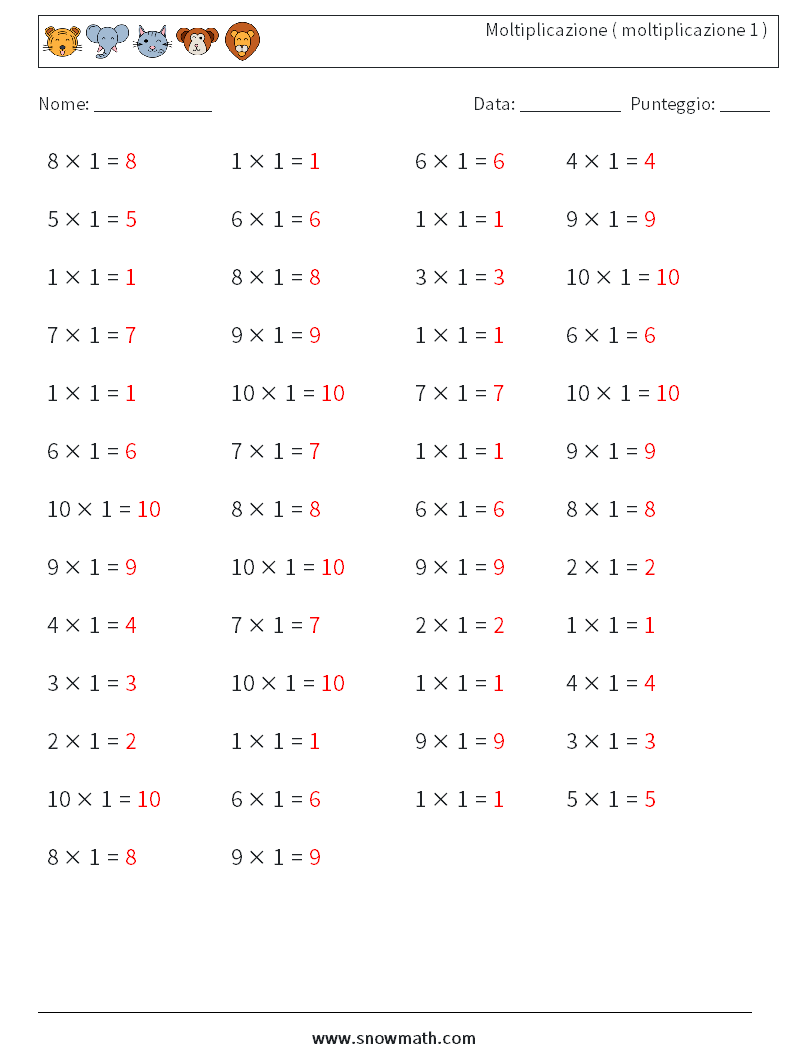 (50) Moltiplicazione ( moltiplicazione 1 ) Fogli di lavoro di matematica 6 Domanda, Risposta
