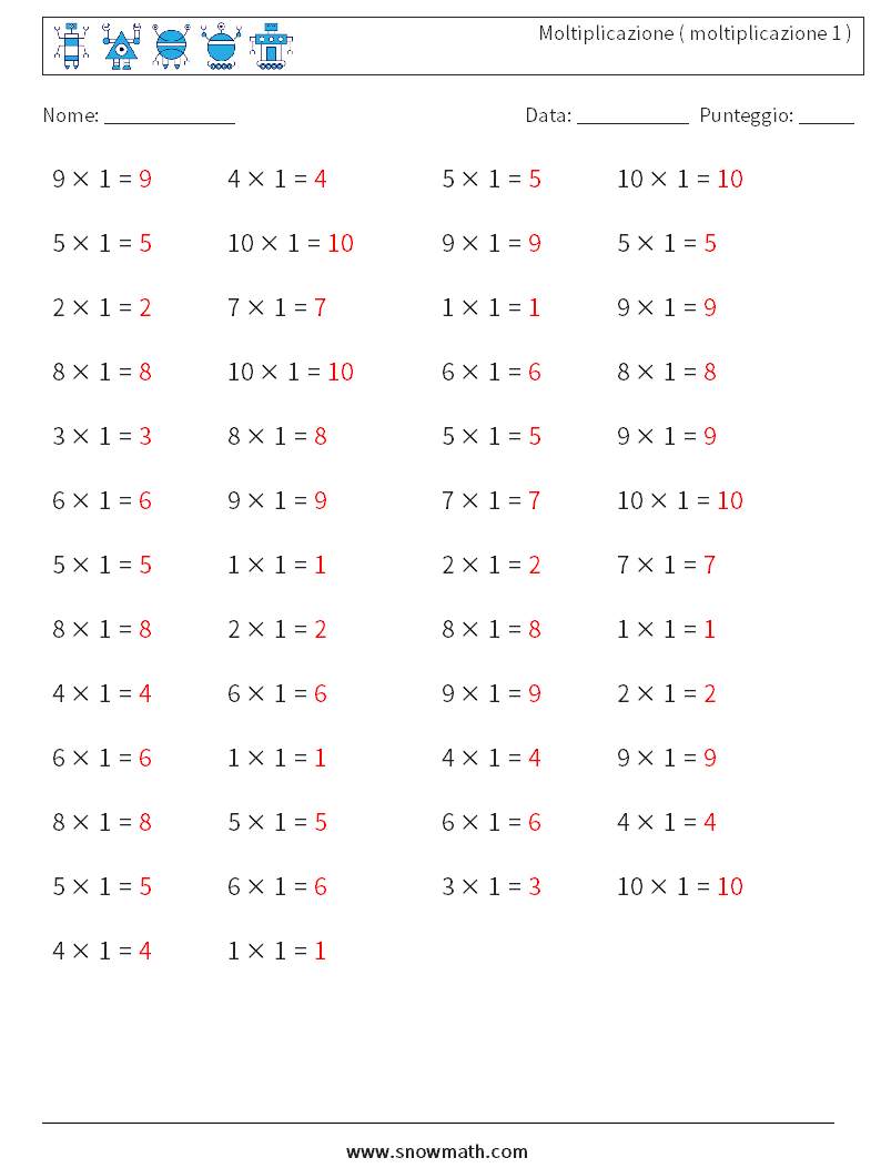 (50) Moltiplicazione ( moltiplicazione 1 ) Fogli di lavoro di matematica 9 Domanda, Risposta
