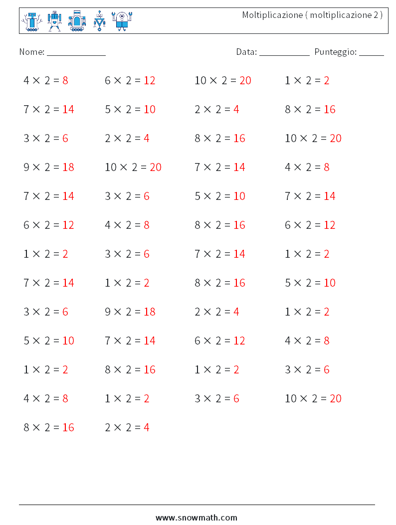 (50) Moltiplicazione ( moltiplicazione 2 ) Fogli di lavoro di matematica 2 Domanda, Risposta