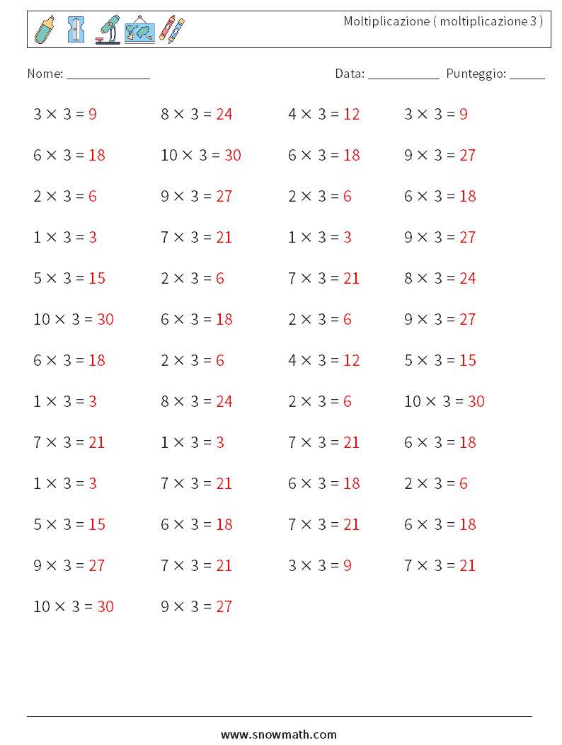(50) Moltiplicazione ( moltiplicazione 3 ) Fogli di lavoro di matematica 3 Domanda, Risposta
