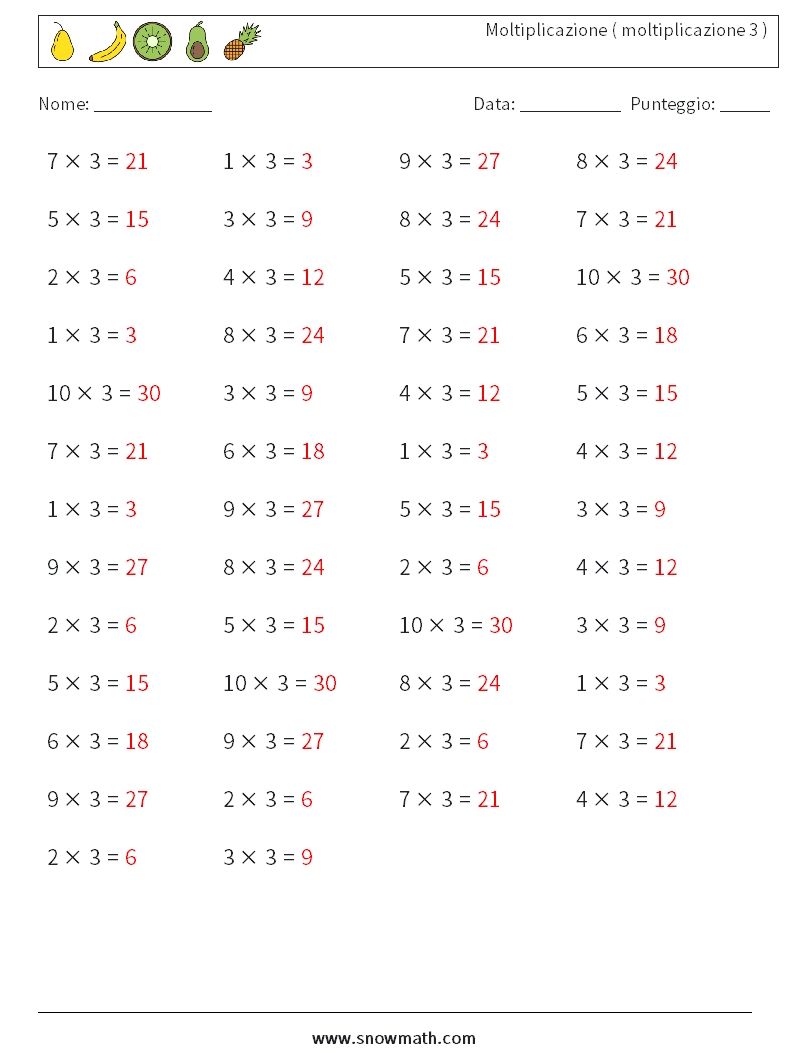(50) Moltiplicazione ( moltiplicazione 3 ) Fogli di lavoro di matematica 6 Domanda, Risposta
