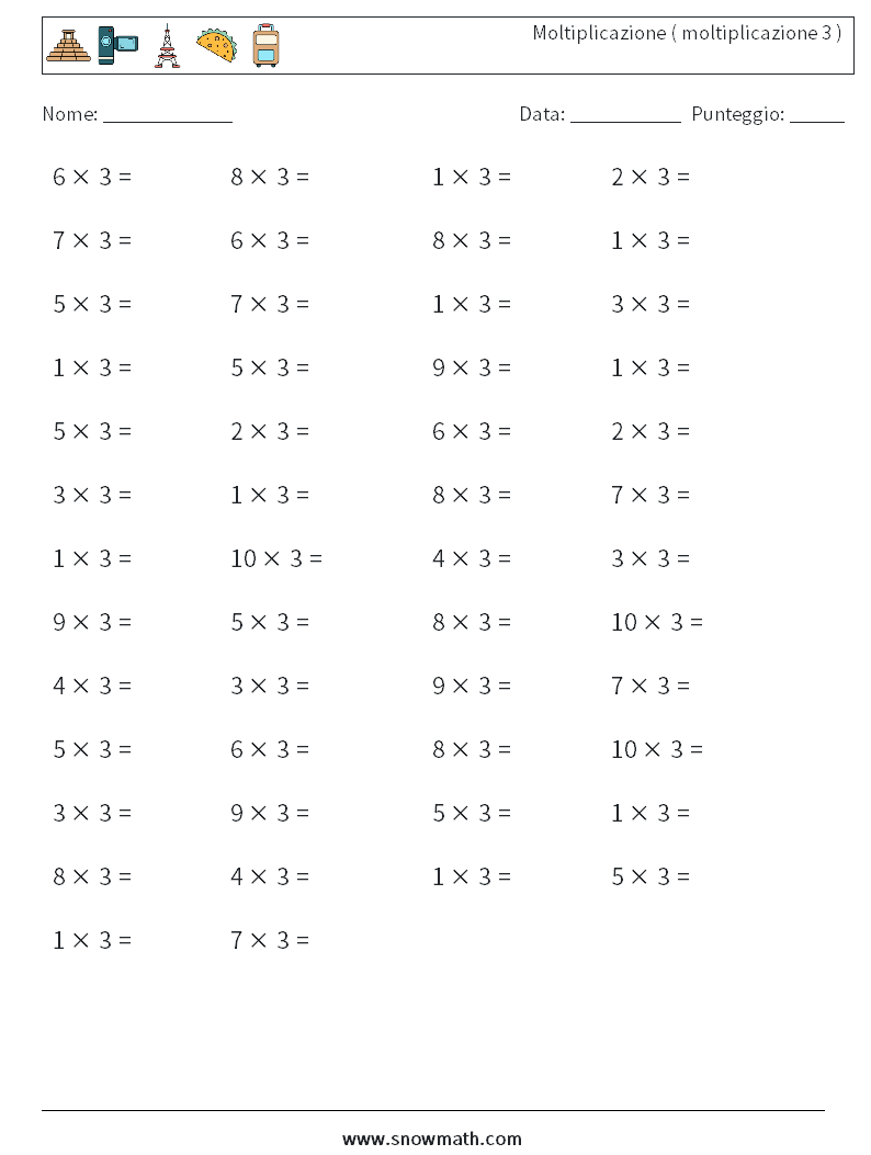 (50) Moltiplicazione ( moltiplicazione 3 ) Fogli di lavoro di matematica 8