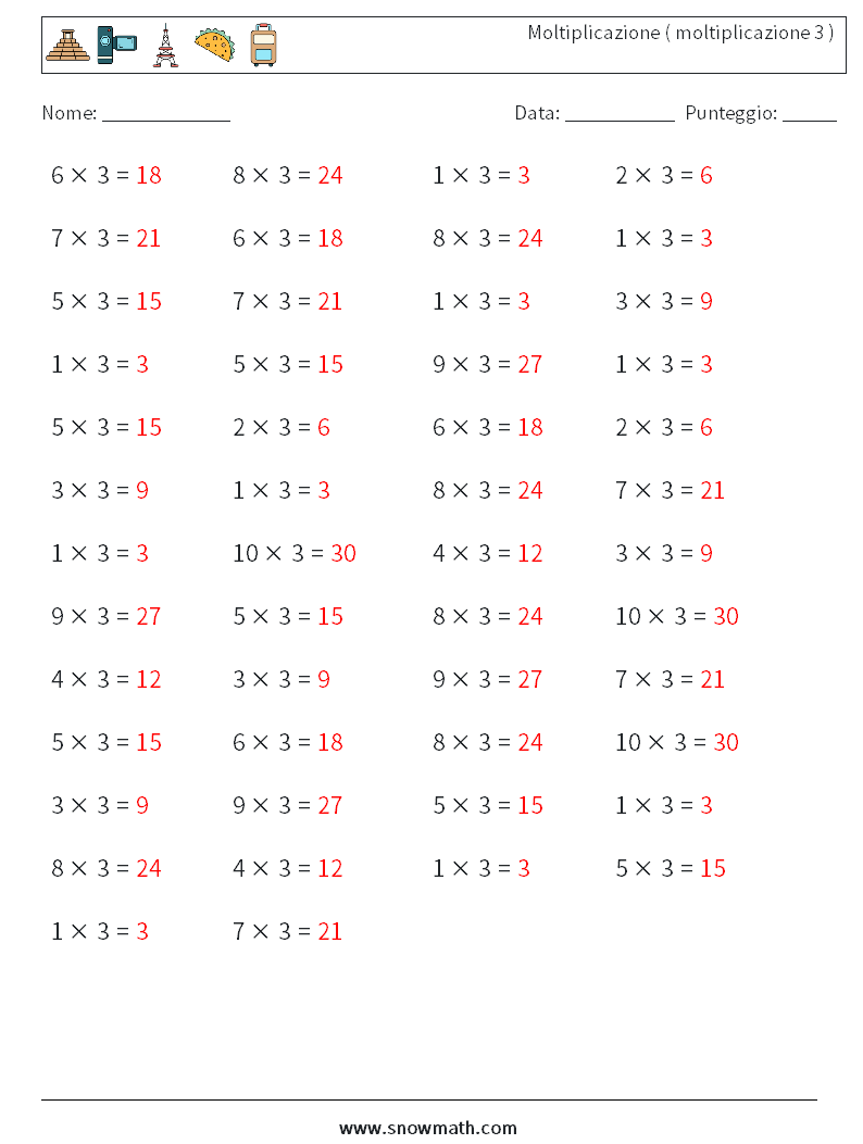 (50) Moltiplicazione ( moltiplicazione 3 ) Fogli di lavoro di matematica 8 Domanda, Risposta
