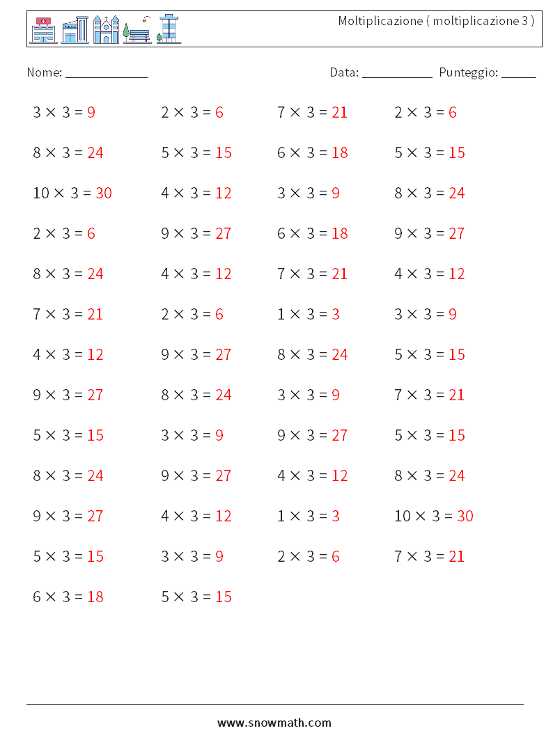 (50) Moltiplicazione ( moltiplicazione 3 ) Fogli di lavoro di matematica 9 Domanda, Risposta