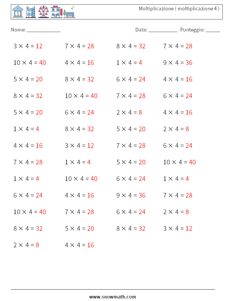 (50) Moltiplicazione ( moltiplicazione 4 ) Fogli di lavoro di matematica 2 Domanda, Risposta