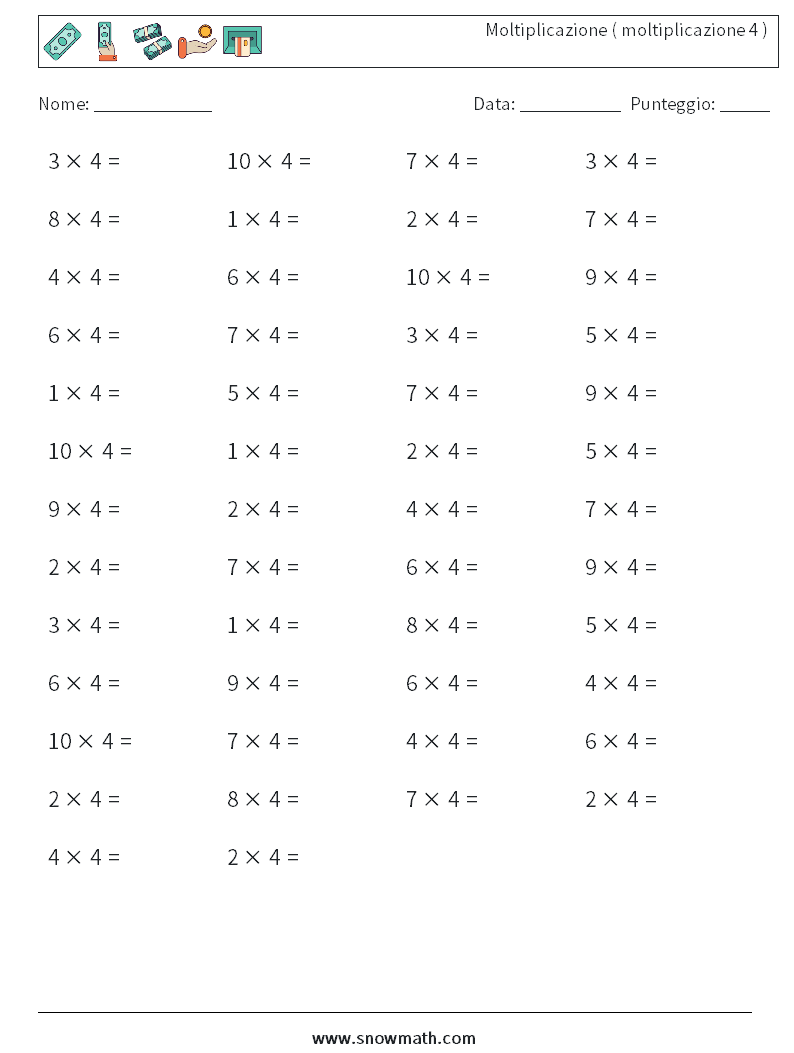 (50) Moltiplicazione ( moltiplicazione 4 ) Fogli di lavoro di matematica 4