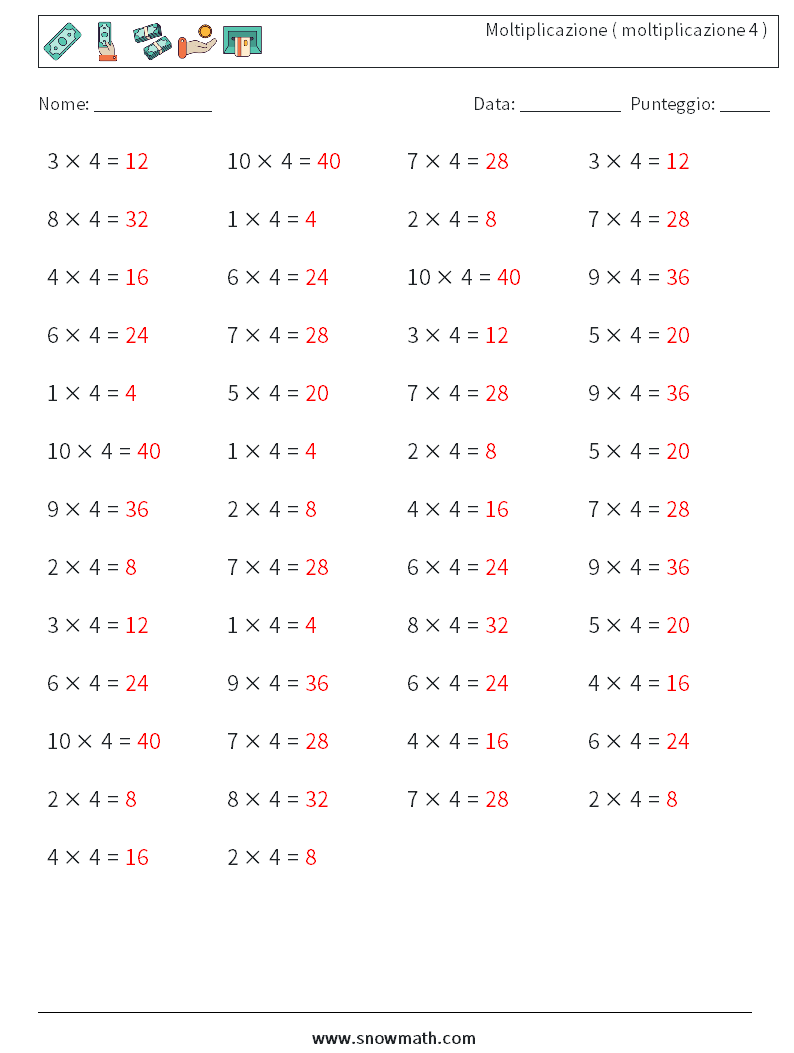(50) Moltiplicazione ( moltiplicazione 4 ) Fogli di lavoro di matematica 4 Domanda, Risposta
