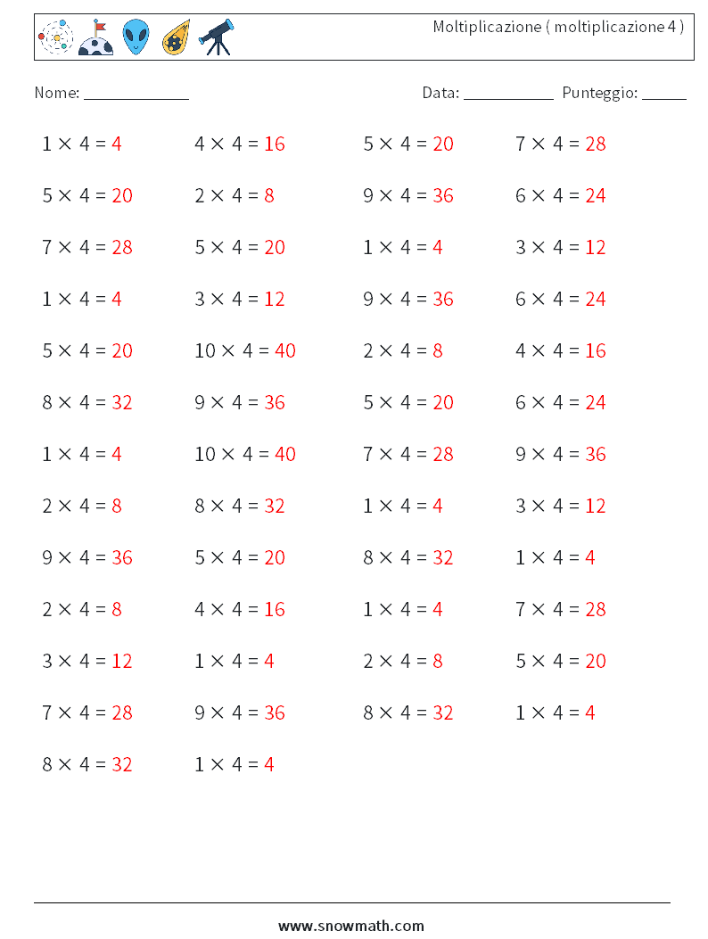(50) Moltiplicazione ( moltiplicazione 4 ) Fogli di lavoro di matematica 5 Domanda, Risposta