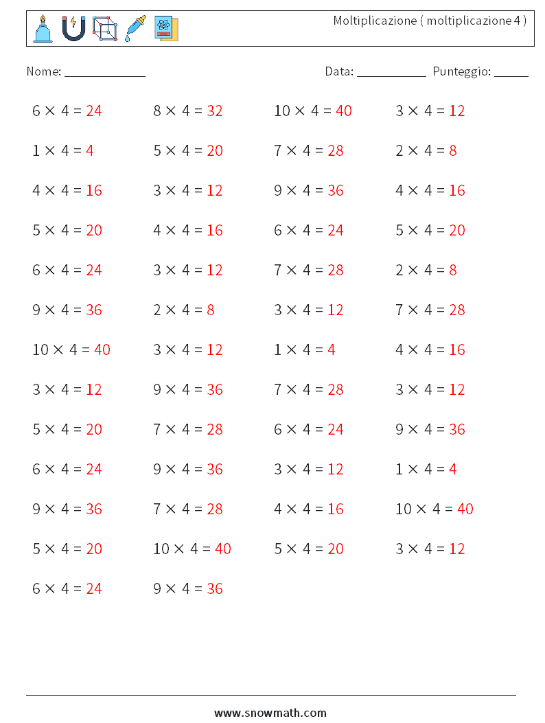 (50) Moltiplicazione ( moltiplicazione 4 ) Fogli di lavoro di matematica 8 Domanda, Risposta