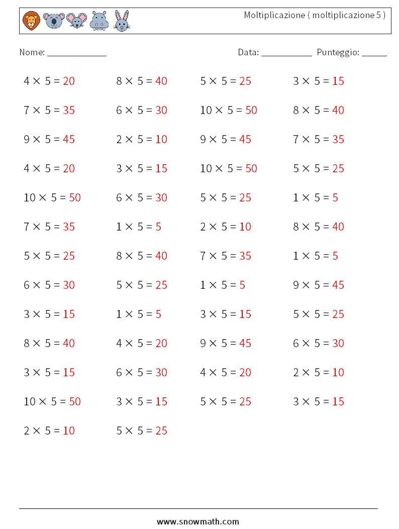 (50) Moltiplicazione ( moltiplicazione 5 ) Fogli di lavoro di matematica 1 Domanda, Risposta