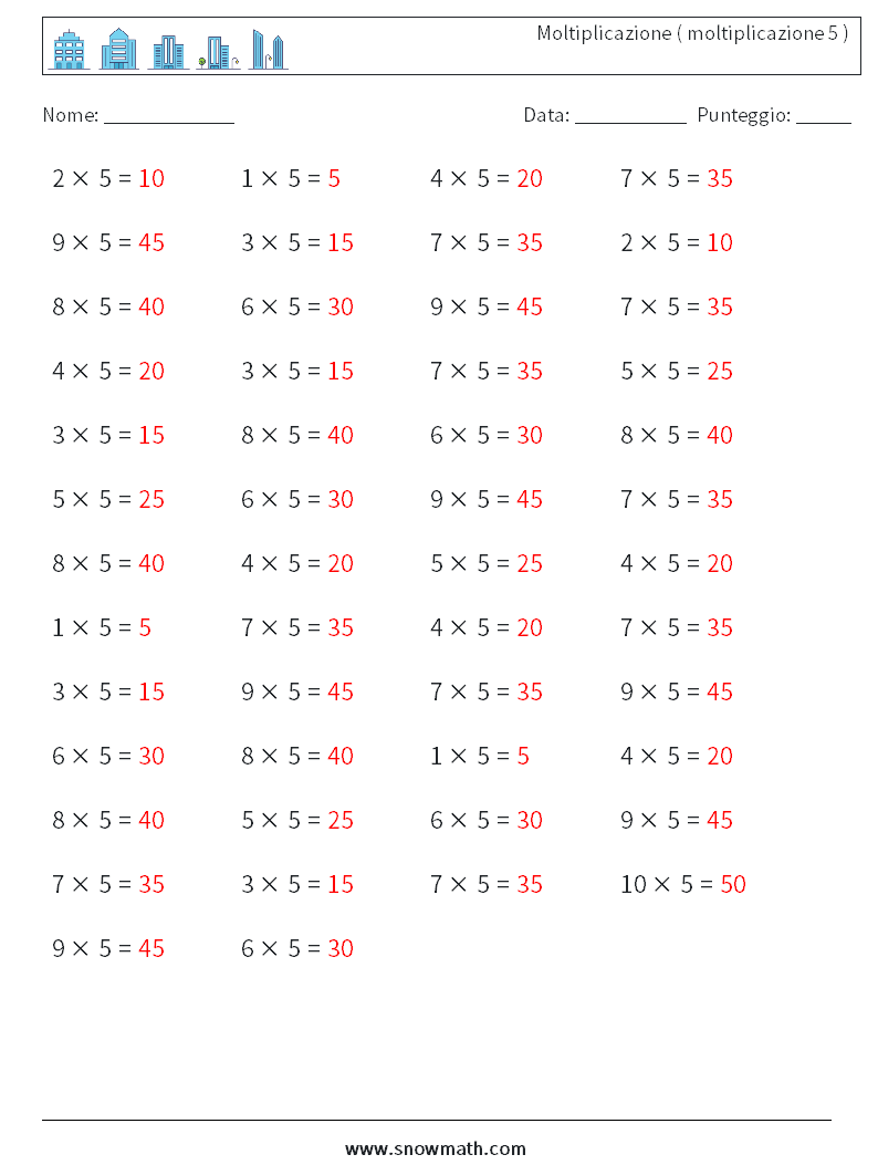(50) Moltiplicazione ( moltiplicazione 5 ) Fogli di lavoro di matematica 2 Domanda, Risposta