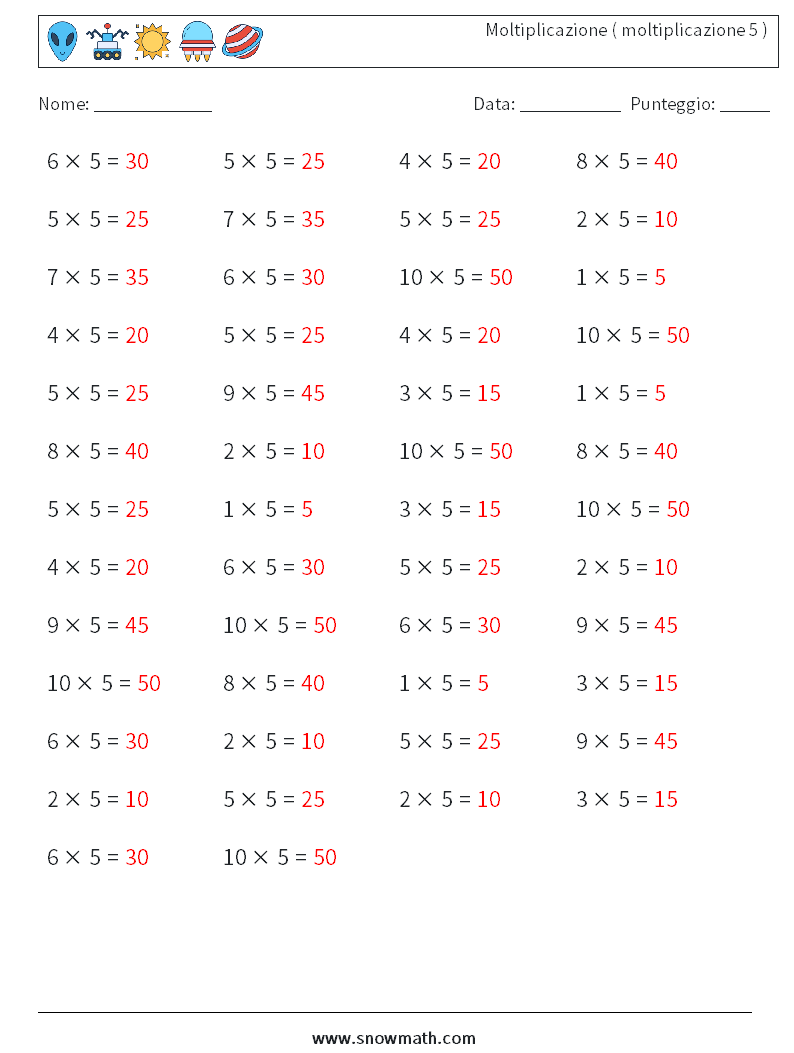 (50) Moltiplicazione ( moltiplicazione 5 ) Fogli di lavoro di matematica 6 Domanda, Risposta