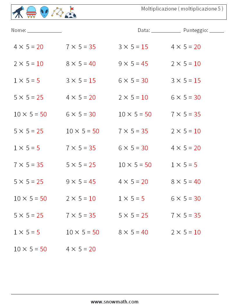 (50) Moltiplicazione ( moltiplicazione 5 ) Fogli di lavoro di matematica 7 Domanda, Risposta