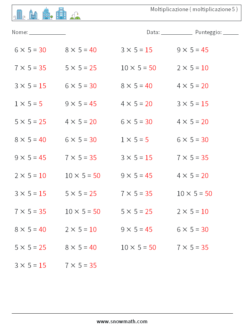 (50) Moltiplicazione ( moltiplicazione 5 ) Fogli di lavoro di matematica 8 Domanda, Risposta