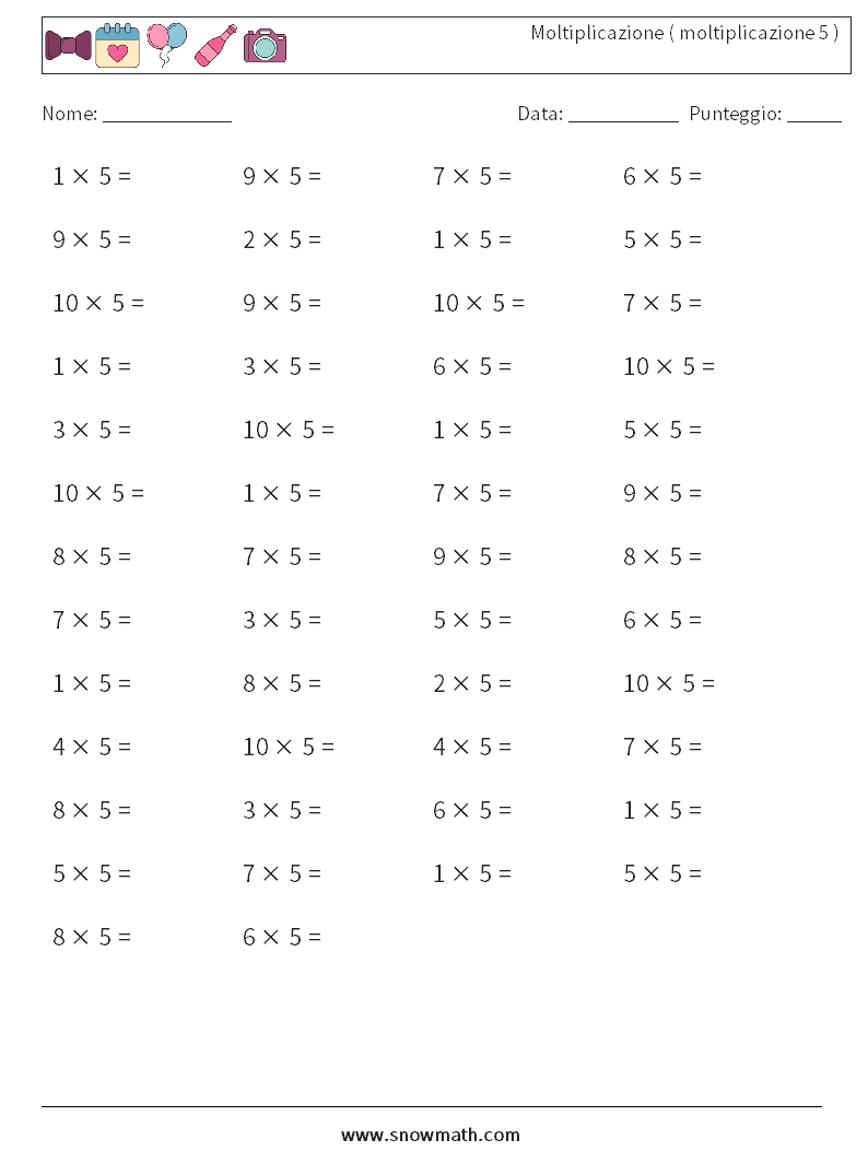 (50) Moltiplicazione ( moltiplicazione 5 ) Fogli di lavoro di matematica 9