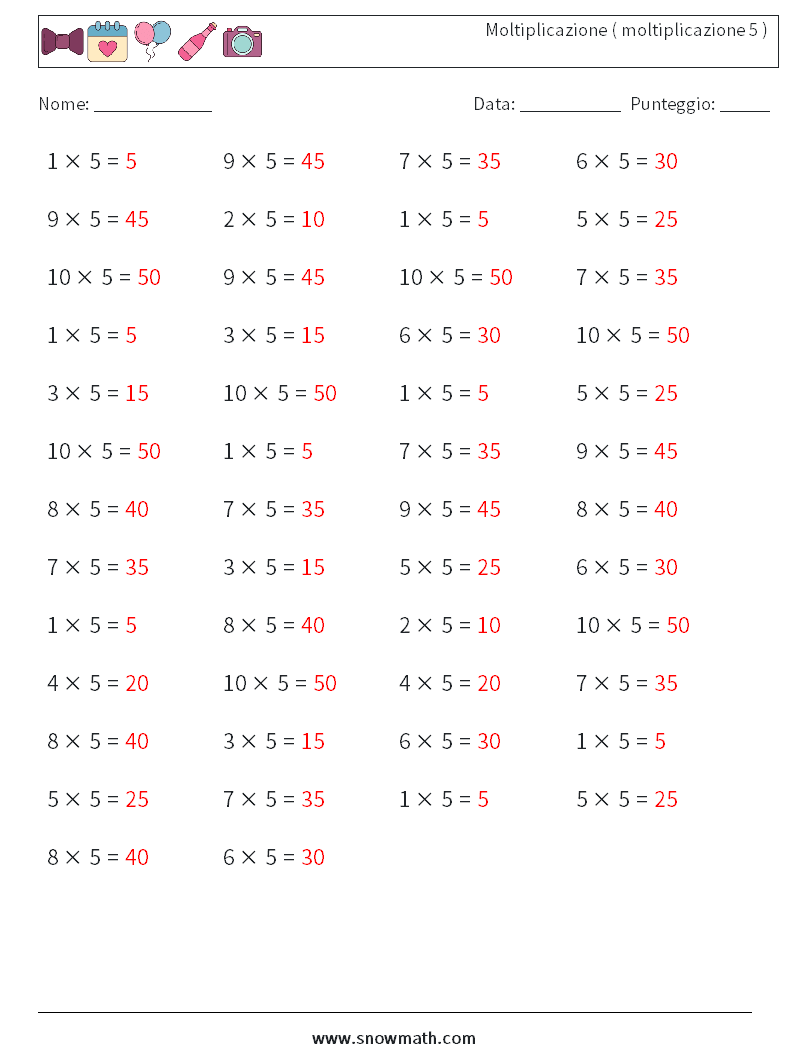 (50) Moltiplicazione ( moltiplicazione 5 ) Fogli di lavoro di matematica 9 Domanda, Risposta