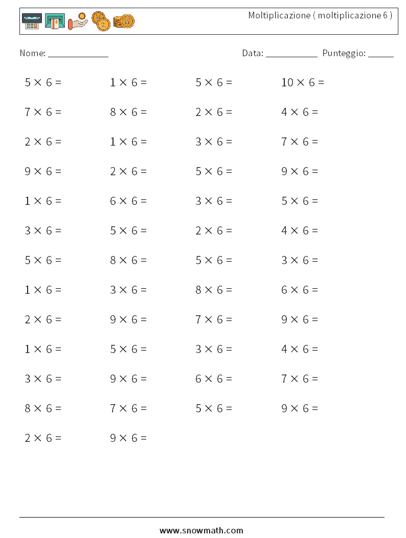 (50) Moltiplicazione ( moltiplicazione 6 ) Fogli di lavoro di matematica 3