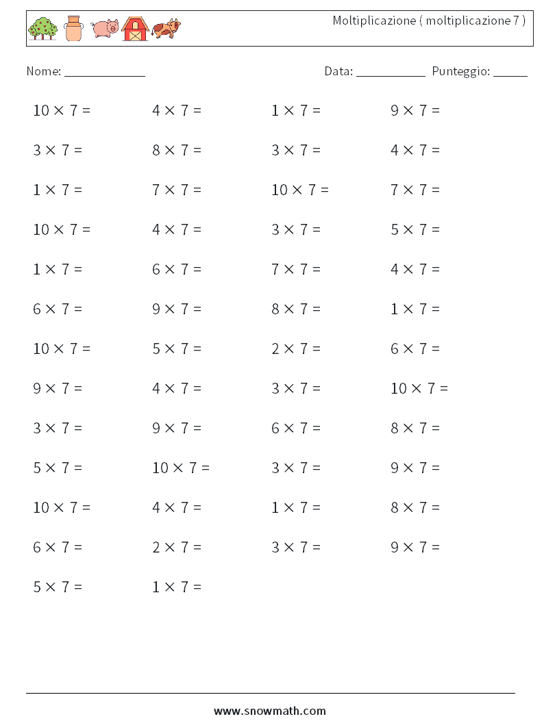 (50) Moltiplicazione ( moltiplicazione 7 ) Fogli di lavoro di matematica 1