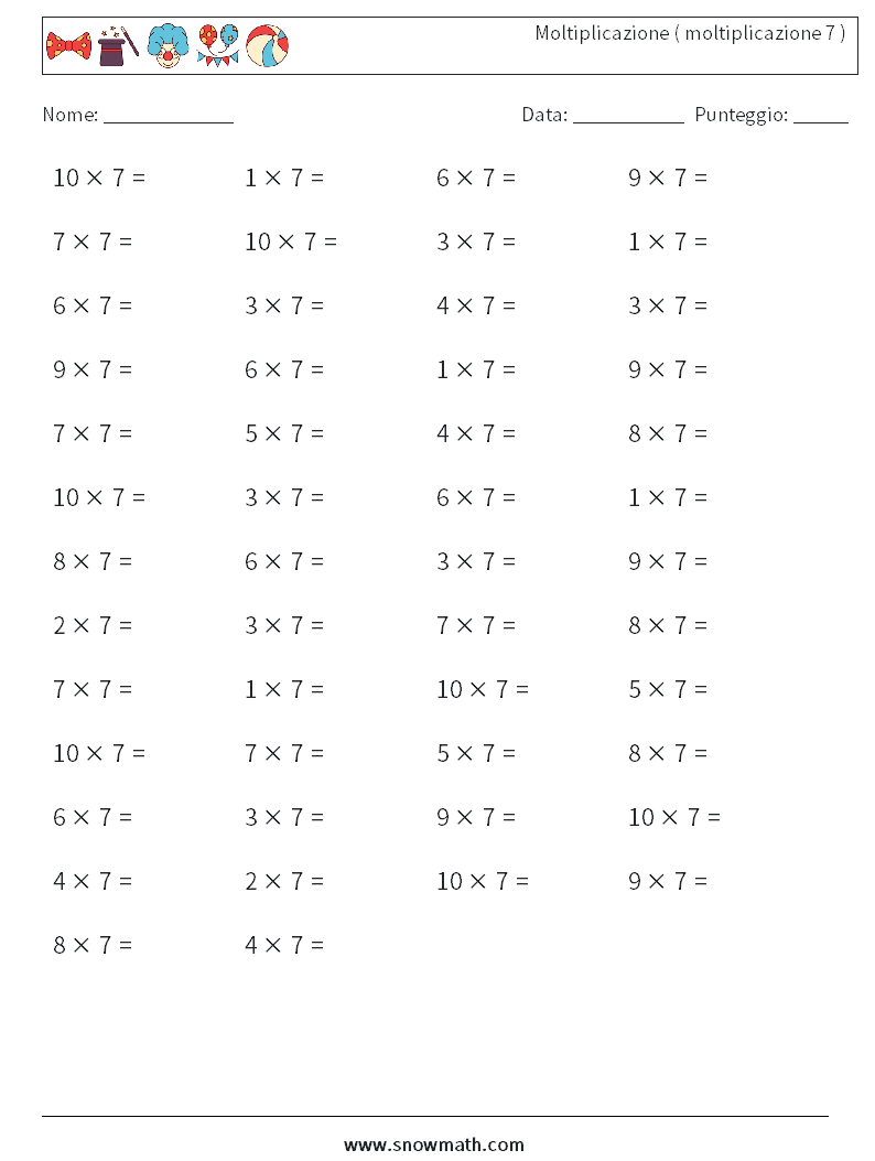 (50) Moltiplicazione ( moltiplicazione 7 ) Fogli di lavoro di matematica 2