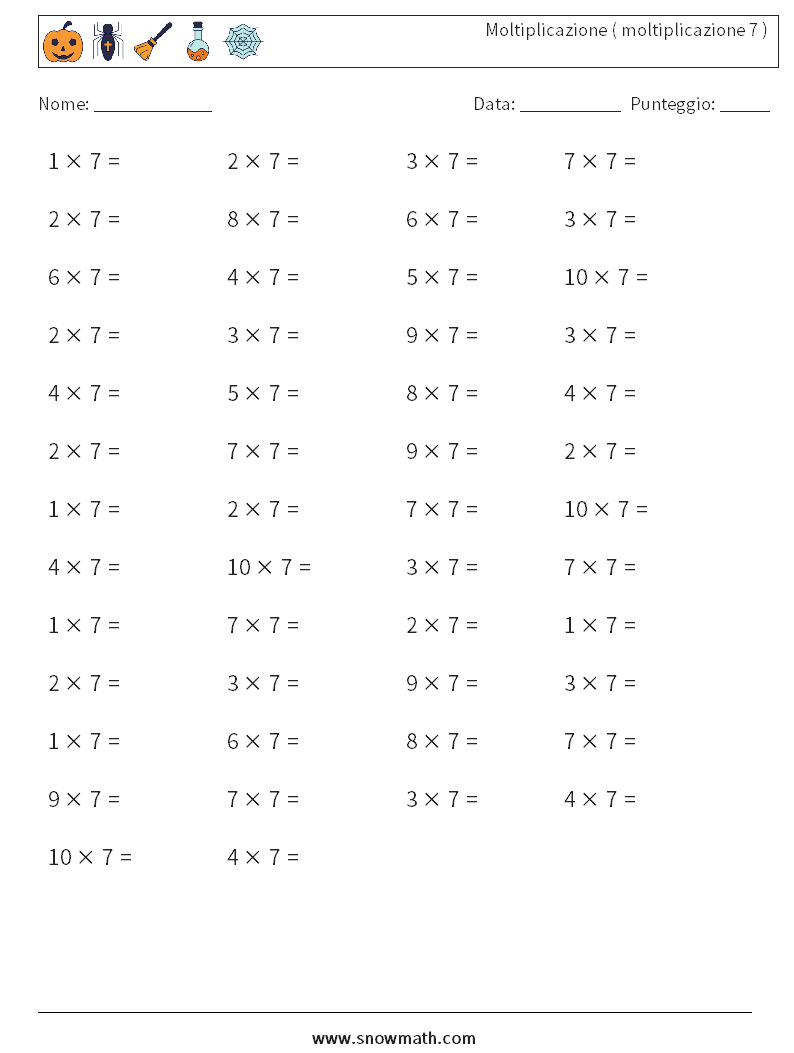 (50) Moltiplicazione ( moltiplicazione 7 ) Fogli di lavoro di matematica 3