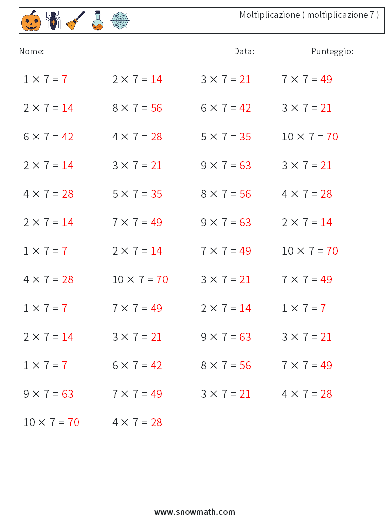 (50) Moltiplicazione ( moltiplicazione 7 ) Fogli di lavoro di matematica 3 Domanda, Risposta