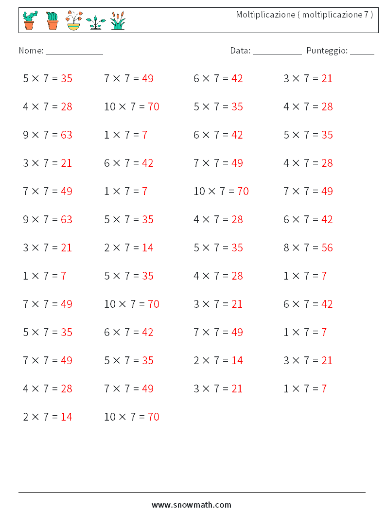 (50) Moltiplicazione ( moltiplicazione 7 ) Fogli di lavoro di matematica 4 Domanda, Risposta