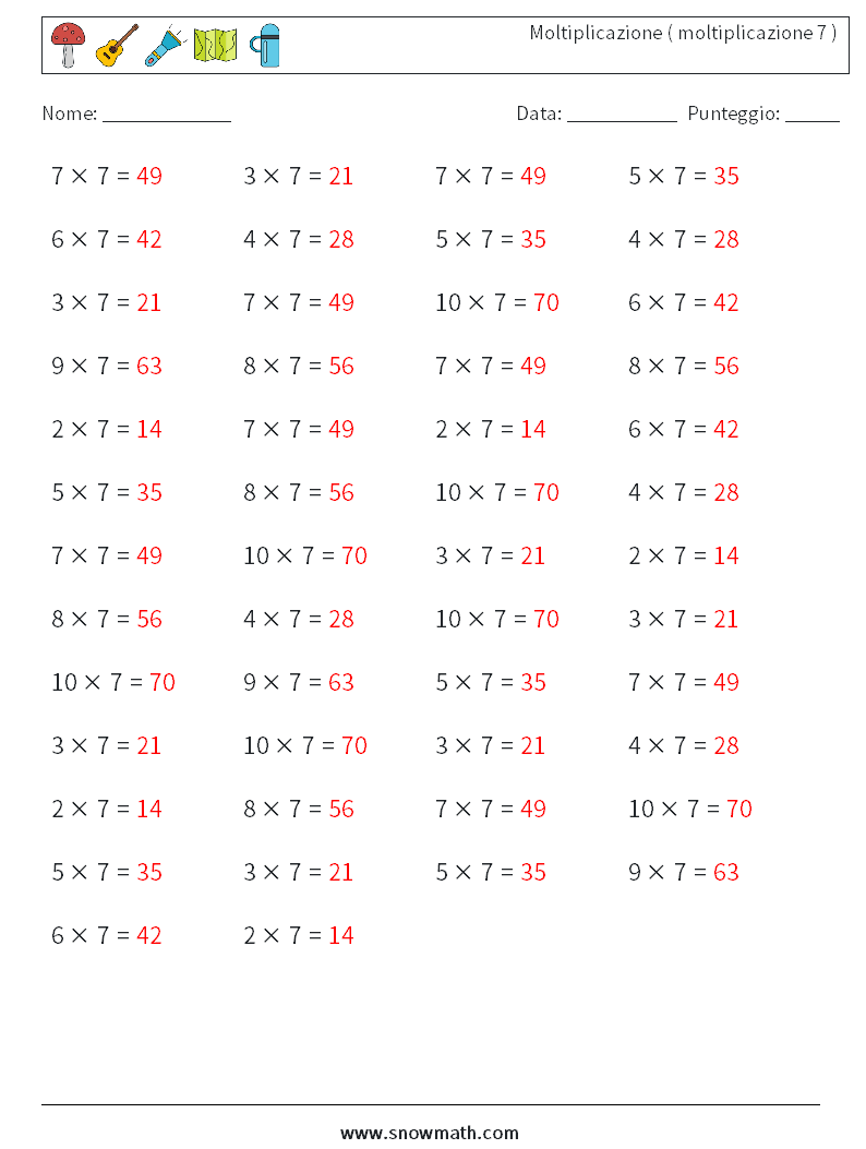 (50) Moltiplicazione ( moltiplicazione 7 ) Fogli di lavoro di matematica 5 Domanda, Risposta