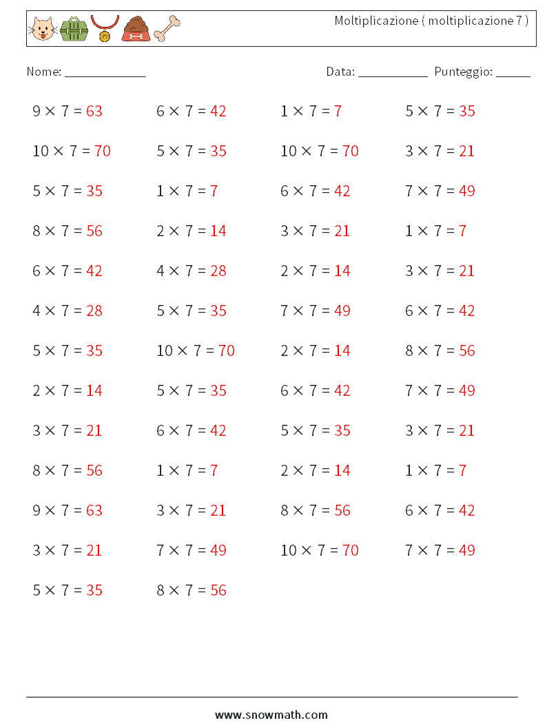 (50) Moltiplicazione ( moltiplicazione 7 ) Fogli di lavoro di matematica 6 Domanda, Risposta