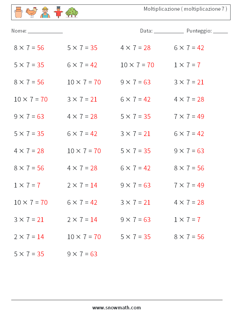 (50) Moltiplicazione ( moltiplicazione 7 ) Fogli di lavoro di matematica 7 Domanda, Risposta