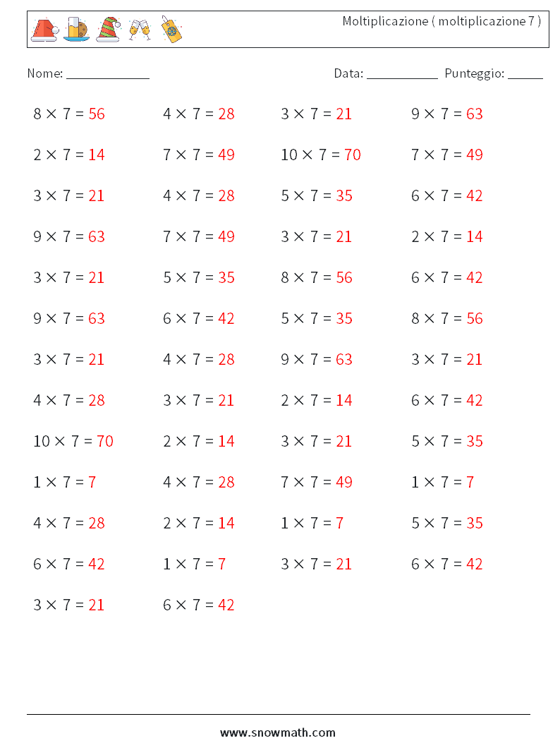 (50) Moltiplicazione ( moltiplicazione 7 ) Fogli di lavoro di matematica 8 Domanda, Risposta