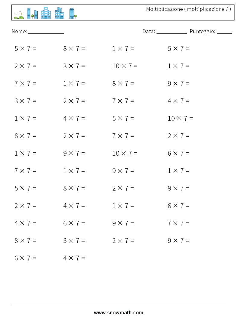 (50) Moltiplicazione ( moltiplicazione 7 ) Fogli di lavoro di matematica 9