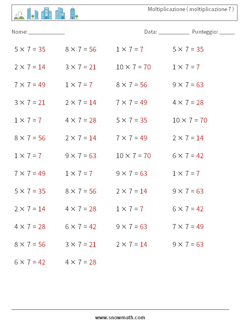 (50) Moltiplicazione ( moltiplicazione 7 ) Fogli di lavoro di matematica 9 Domanda, Risposta