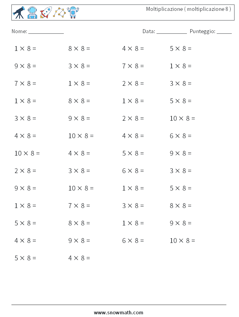 (50) Moltiplicazione ( moltiplicazione 8 ) Fogli di lavoro di matematica 3
