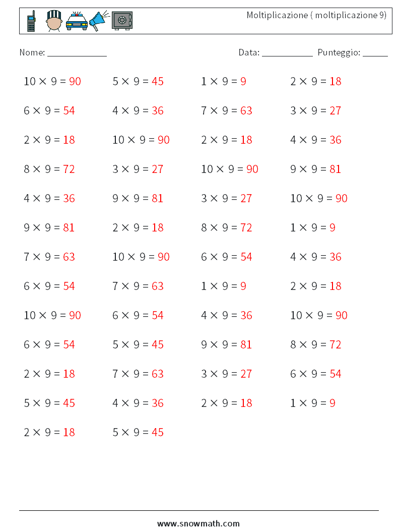 (50) Moltiplicazione ( moltiplicazione 9) Fogli di lavoro di matematica 1 Domanda, Risposta