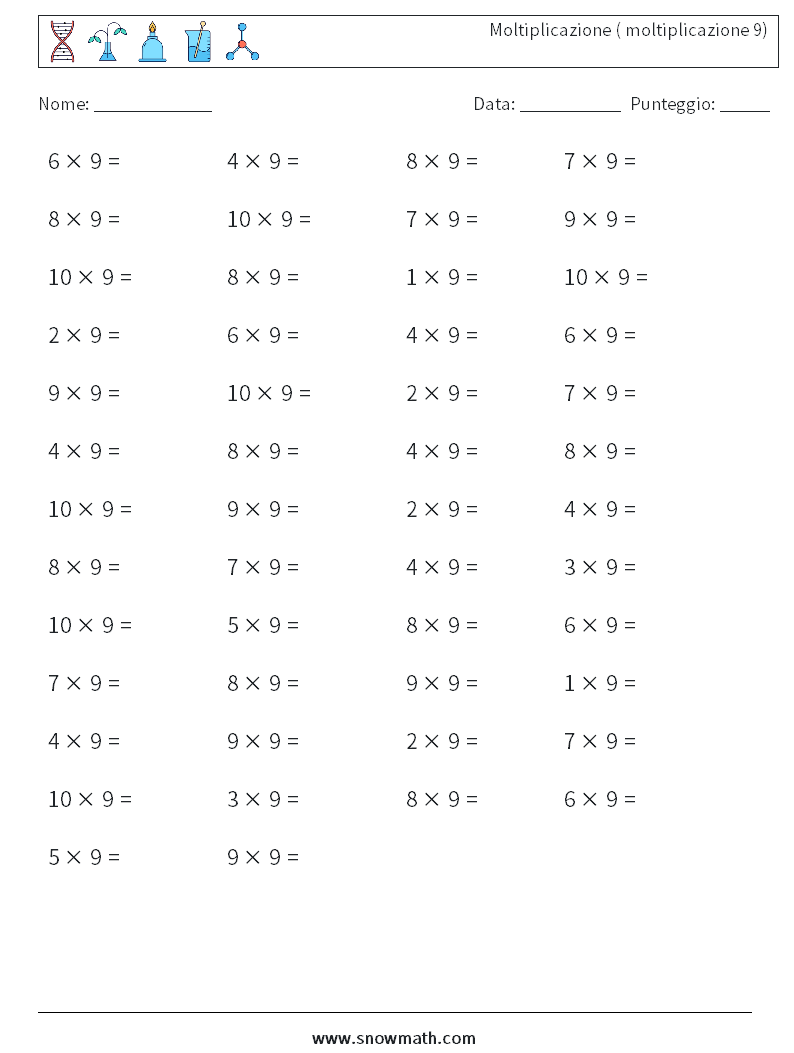 (50) Moltiplicazione ( moltiplicazione 9) Fogli di lavoro di matematica 2