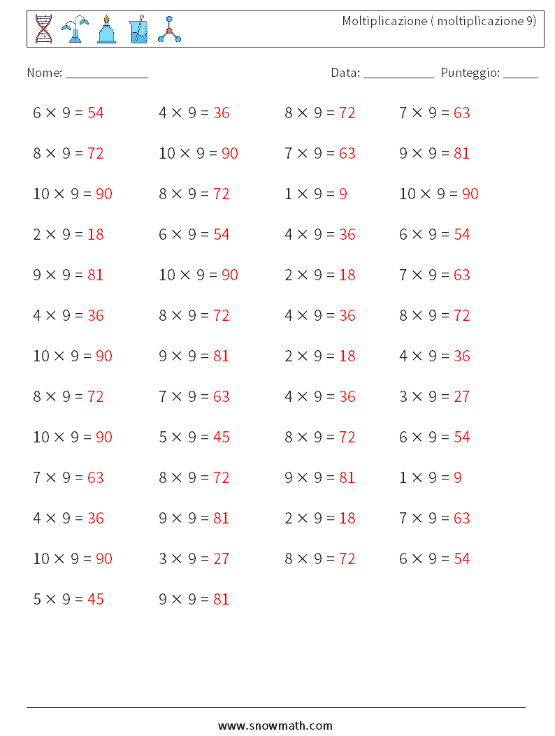 (50) Moltiplicazione ( moltiplicazione 9) Fogli di lavoro di matematica 2 Domanda, Risposta