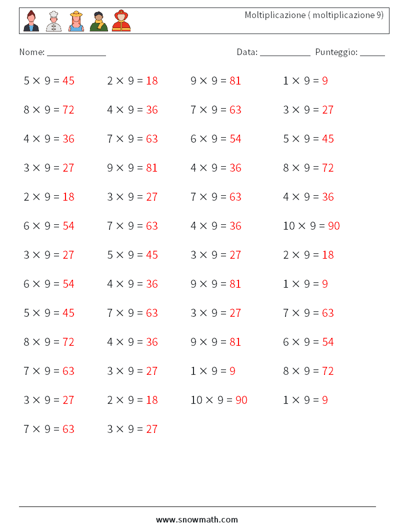 (50) Moltiplicazione ( moltiplicazione 9) Fogli di lavoro di matematica 4 Domanda, Risposta